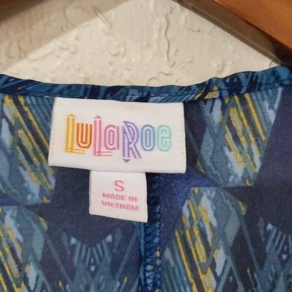 Lularoe Kimono Blue White Yellow Open Front Geometric Size Small - Picture 4 of 6